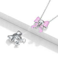 Halloween Playful Skull Pink Bow Silver Necklace