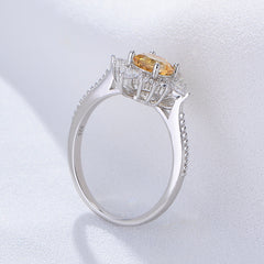 Yellow Crystal Sun Shape Halo Sterling Silver Ring