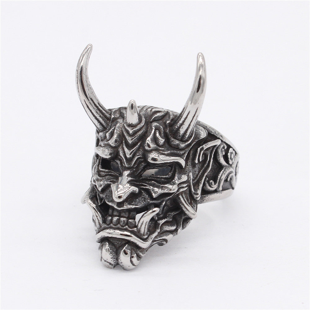 Halloween Long Horned Devil Skeleton Titanium Steel Ring for Men