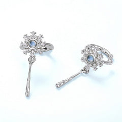 Round Blue Topaz Snowflake Long Strip Sterling Silver Ear Clip Earrings