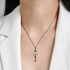 Halloween Skull Cross Sword Red Zircon Silver Necklace