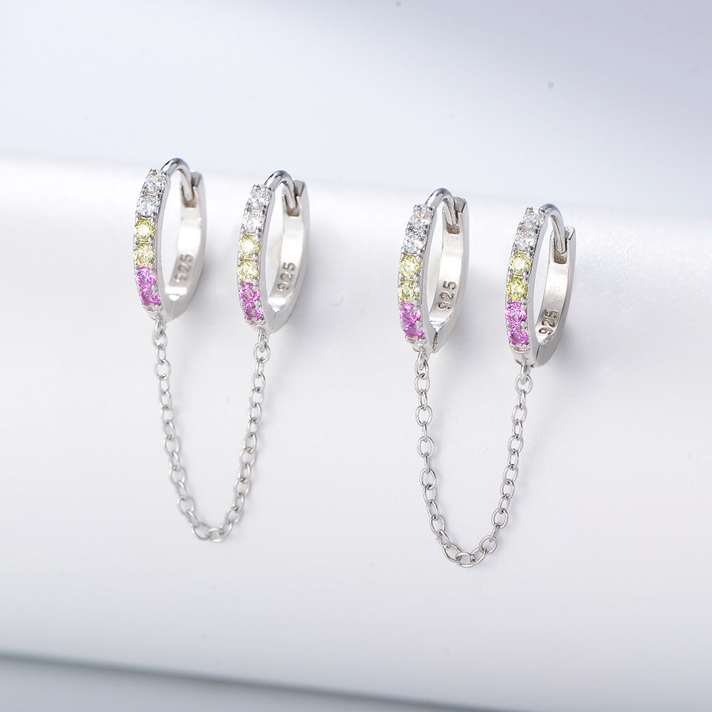 Zircon Double Ear Hole Round Buckle Silver Chain Earring for Women