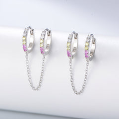 Zircon Double Ear Hole Round Buckle Silver Chain Earring for Women