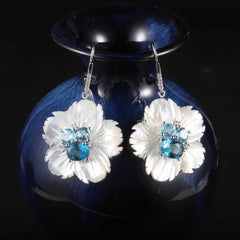 Natural Topaz with Shell Material Flower Silver Earrings for Women