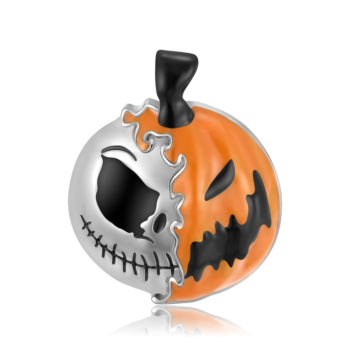 Halloween Double Sided Pumpkin Skull Face Silver Necklace