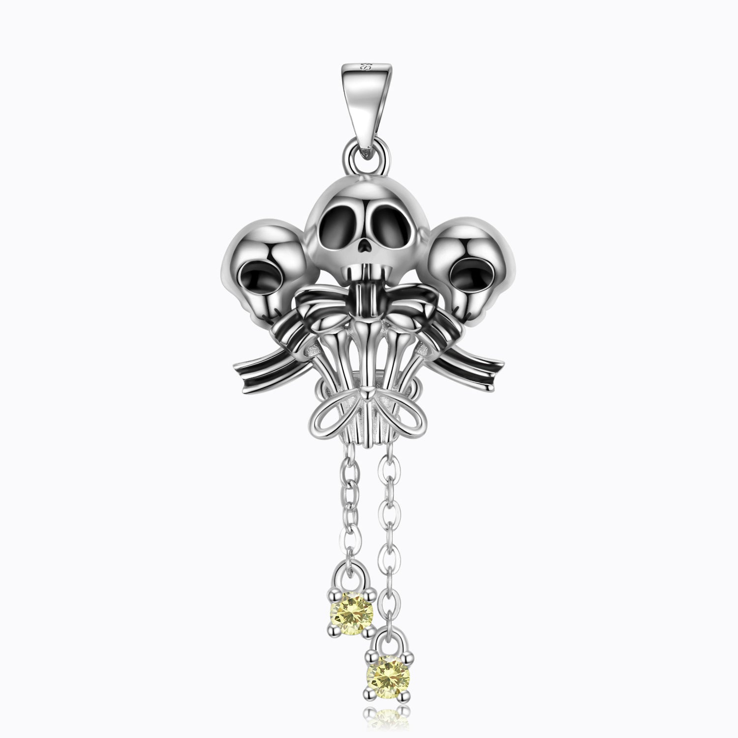 Halloween Three Sided Skull Head Tassel Zircon Silver Necklace