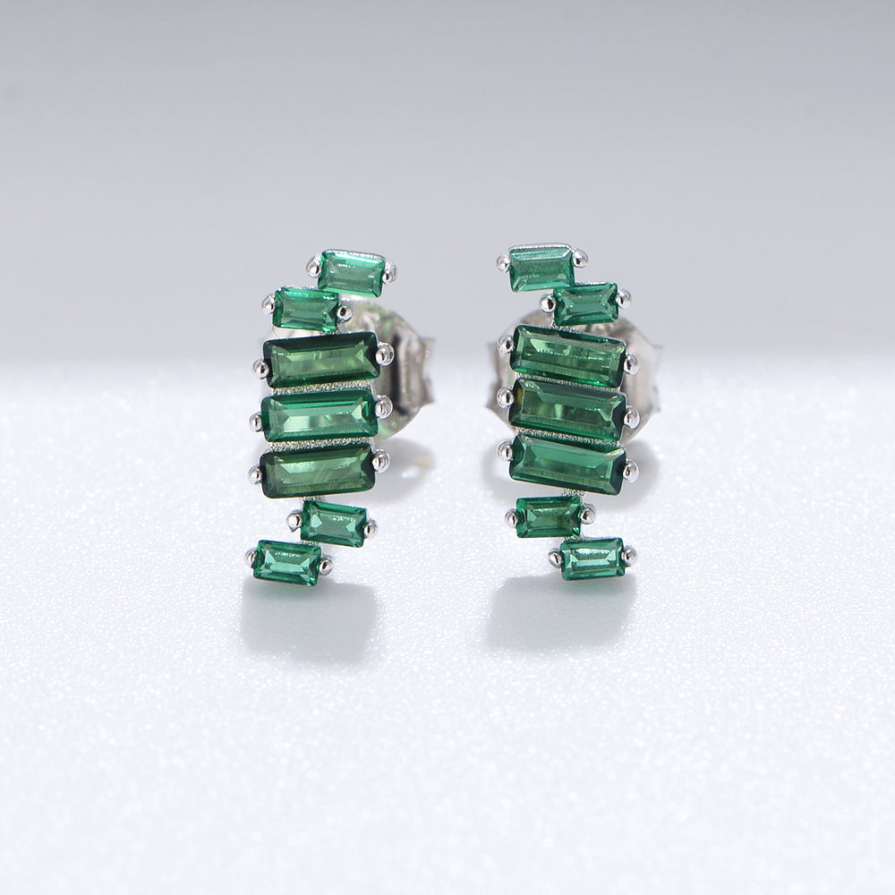 Irregular Arrangement Rectangular Green Zircon Silver Studs Earrings for Women