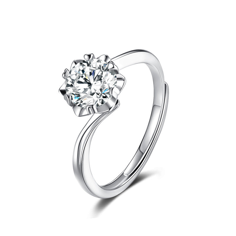 Round Zircon Flower Solitaire Silver Ring