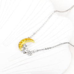 Yellow Zircon Moon with Star Silver Necklace for Women