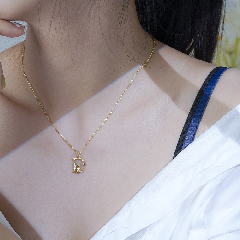 (Two Colours) Letter D with Little Bear Pendants Collarbone Necklace for Women