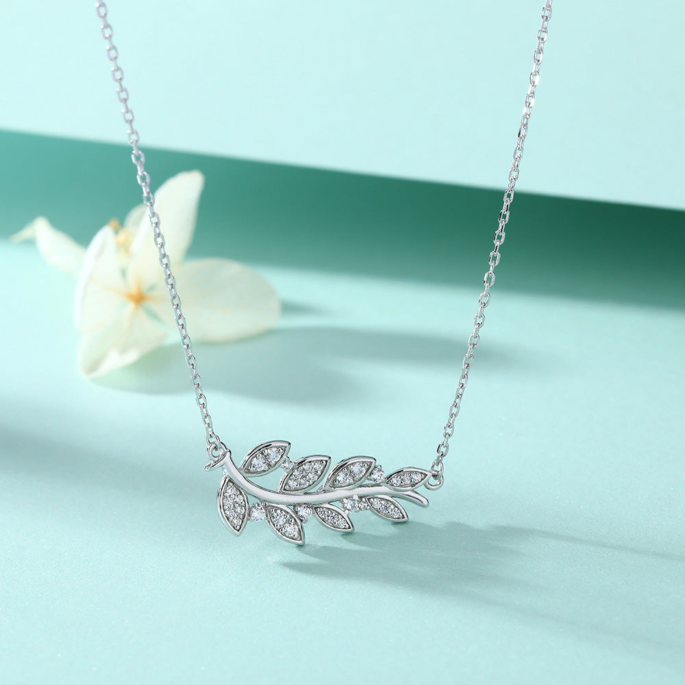 Zircon Wheat Ear Leaf Pendant Silver Necklace for Women