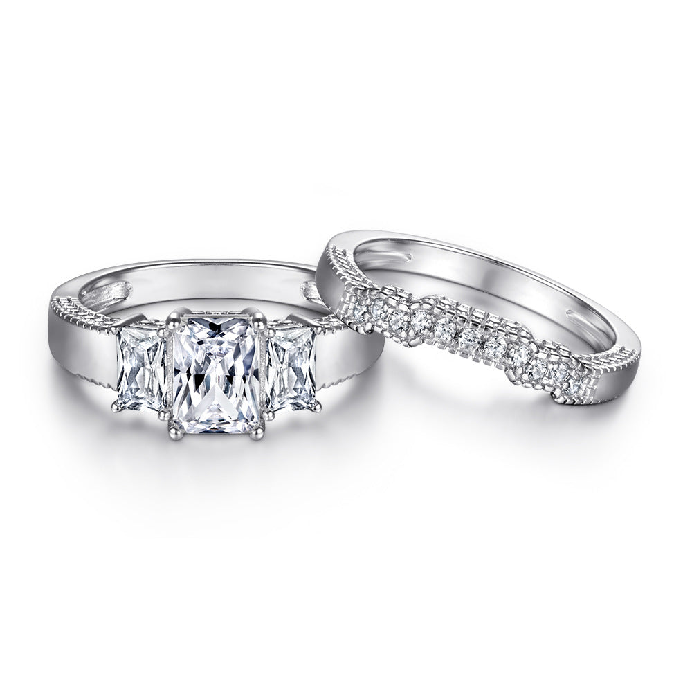 Radiant Cut Zircon Threestone Silver Ring Set