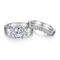Radiant Cut Zircon Threestone Silver Ring Set
