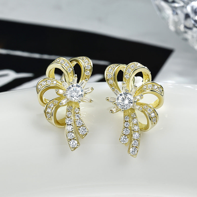 Zircon Hollow Bowknot Silver Studs Earrings for Women