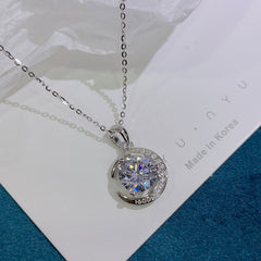 Round Zircon Crescent Moon Pendant Silver Necklace for Women