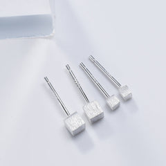 Small Brushed Cube Silver Stud Earrings for Women