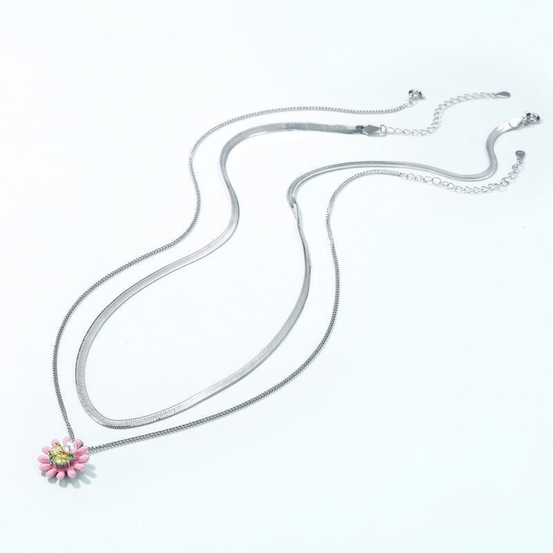 Sweet Pink Daisy Flower Zircon Pearl Double Layers Sterling Silver Necklace