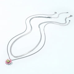 Sweet Pink Daisy Flower Zircon Pearl Double Layers Sterling Silver Necklace