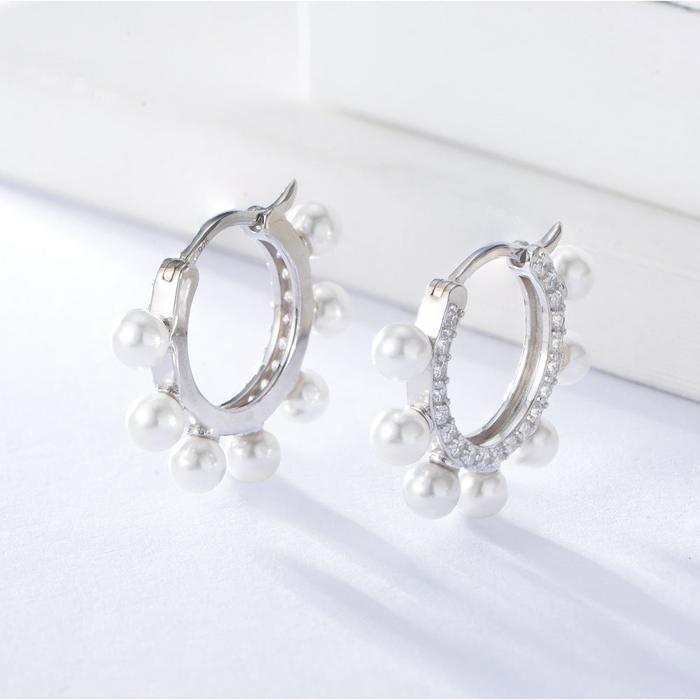 Pearl with Zircon Personality Circle Silver Studs Earrings for Women