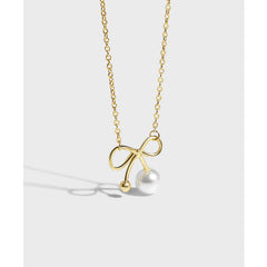 Bow with Pearl Pendant Silver Necklace for Women