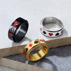 Spades, Hearts, Plum Blossoms Square Playing Card Pattern Titanium Steel Rotating Ring Cross border Jewelry