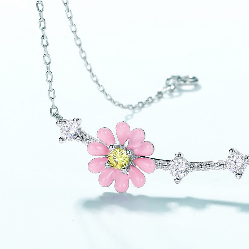 Sweet Pink Daisy Flower Colourful Zircon Sterling Silver Necklace