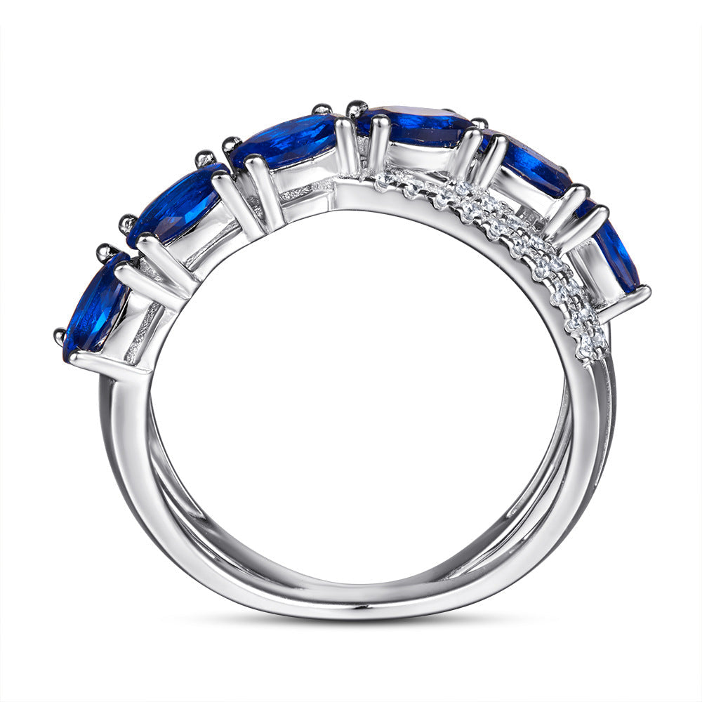 Blue Oval Zircon X-shape Silver Ring for Women