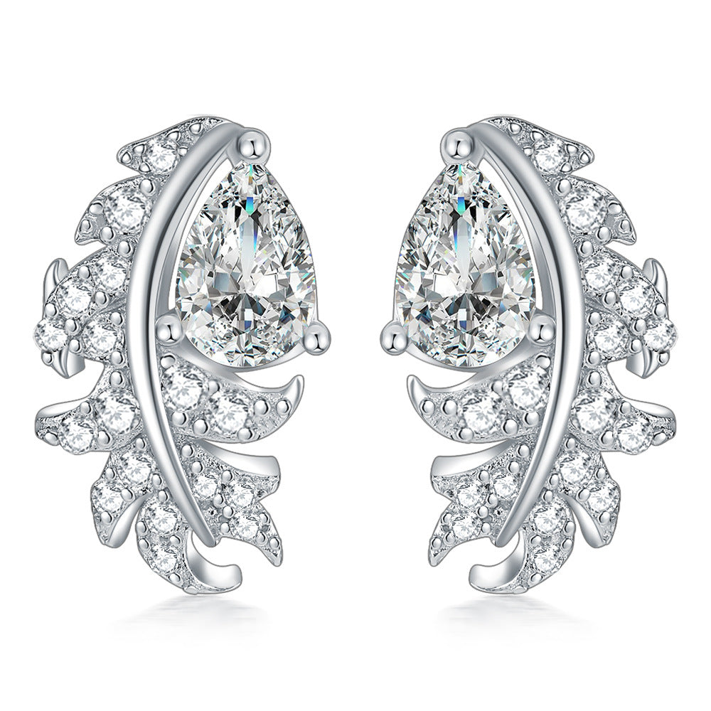 Pear Shape Zircon Feather Sterling Silver Stud Earrings