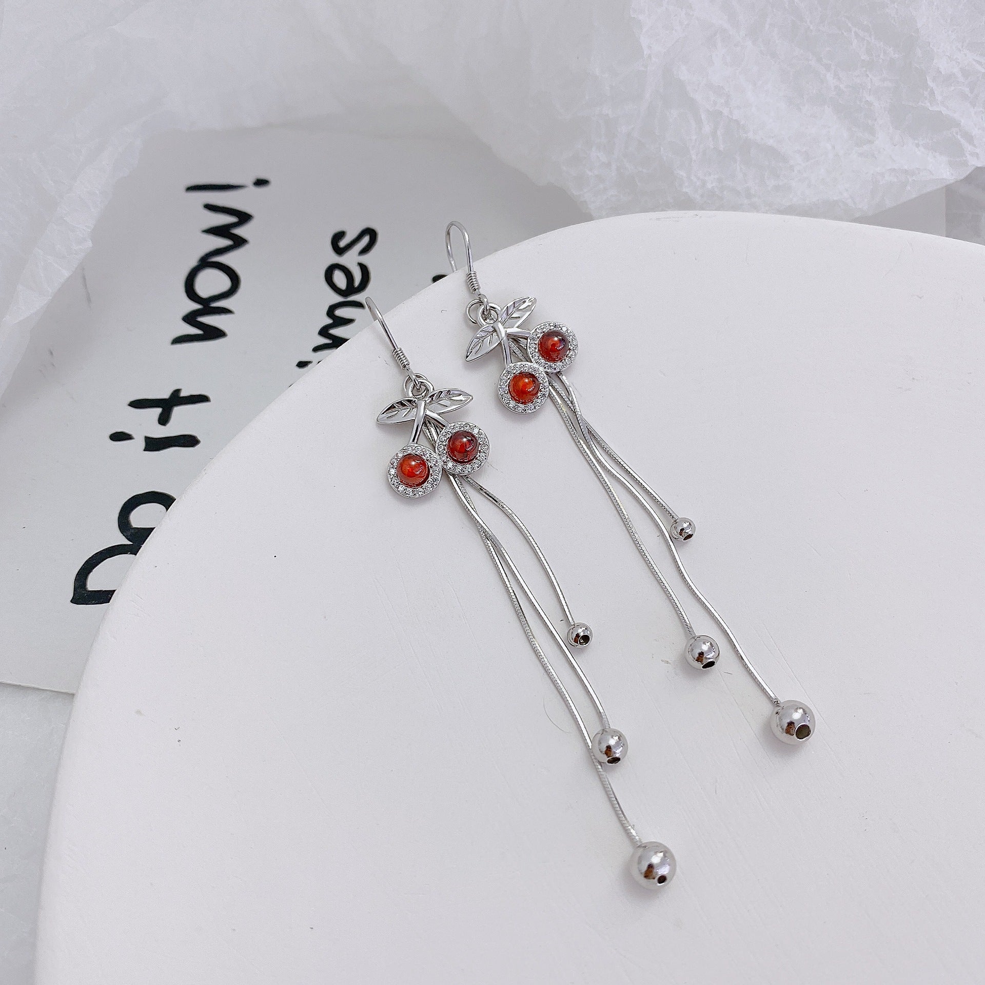 Garnet Cherry Tassel Silver Drop Earrings for Women