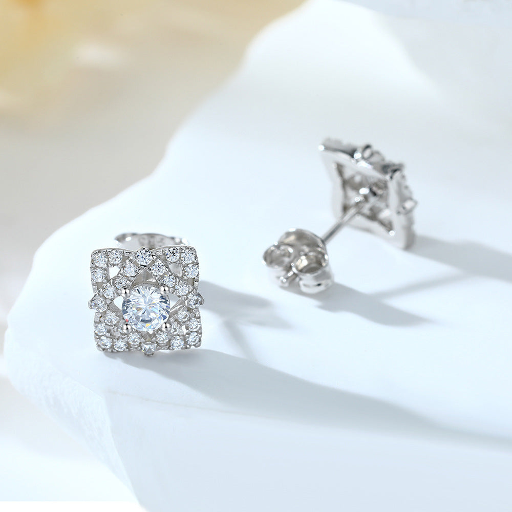 Round Zircon Clover Square Silver Studs Earrings for Women