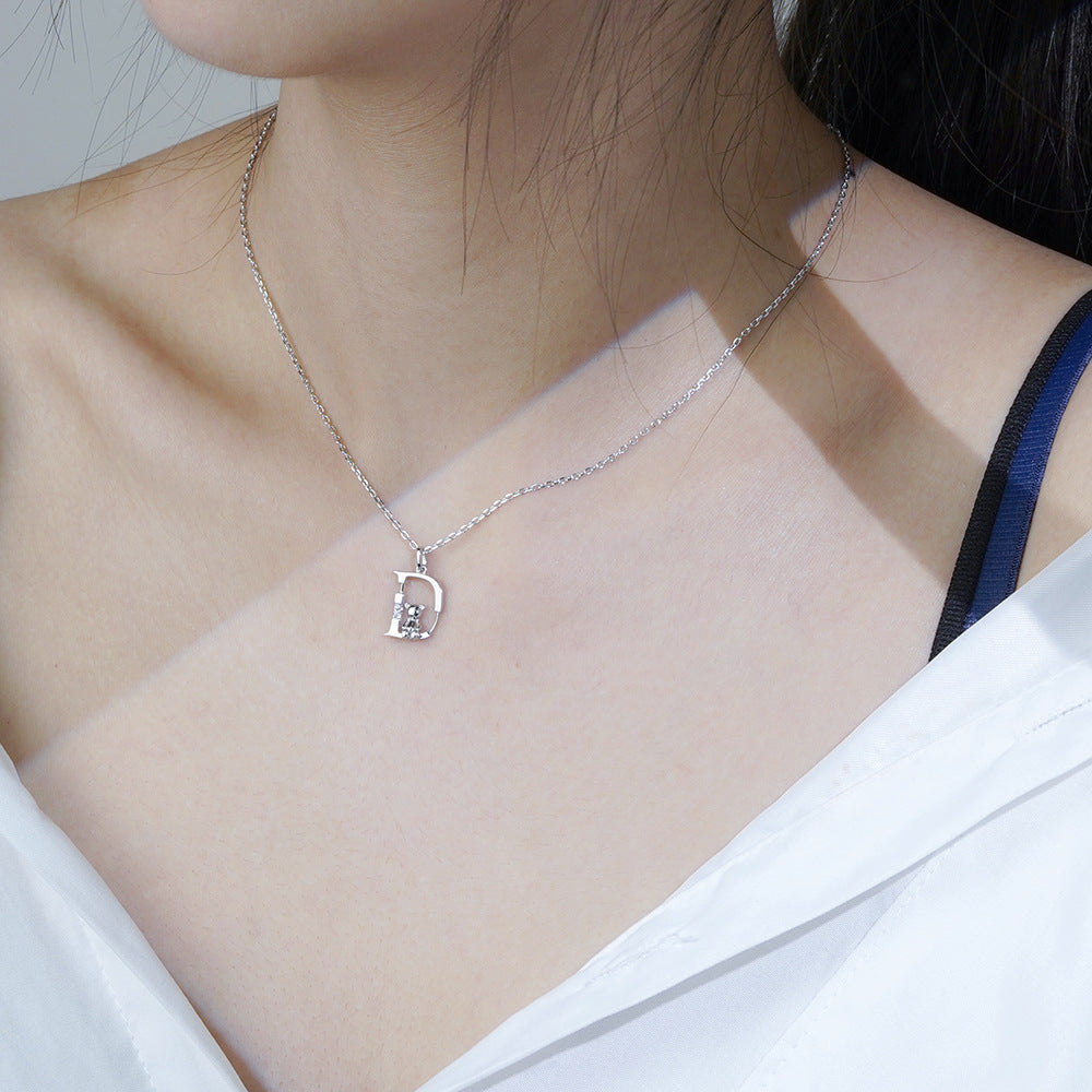 (Two Colours) Letter D with Little Bear Pendants Collarbone Necklace for Women