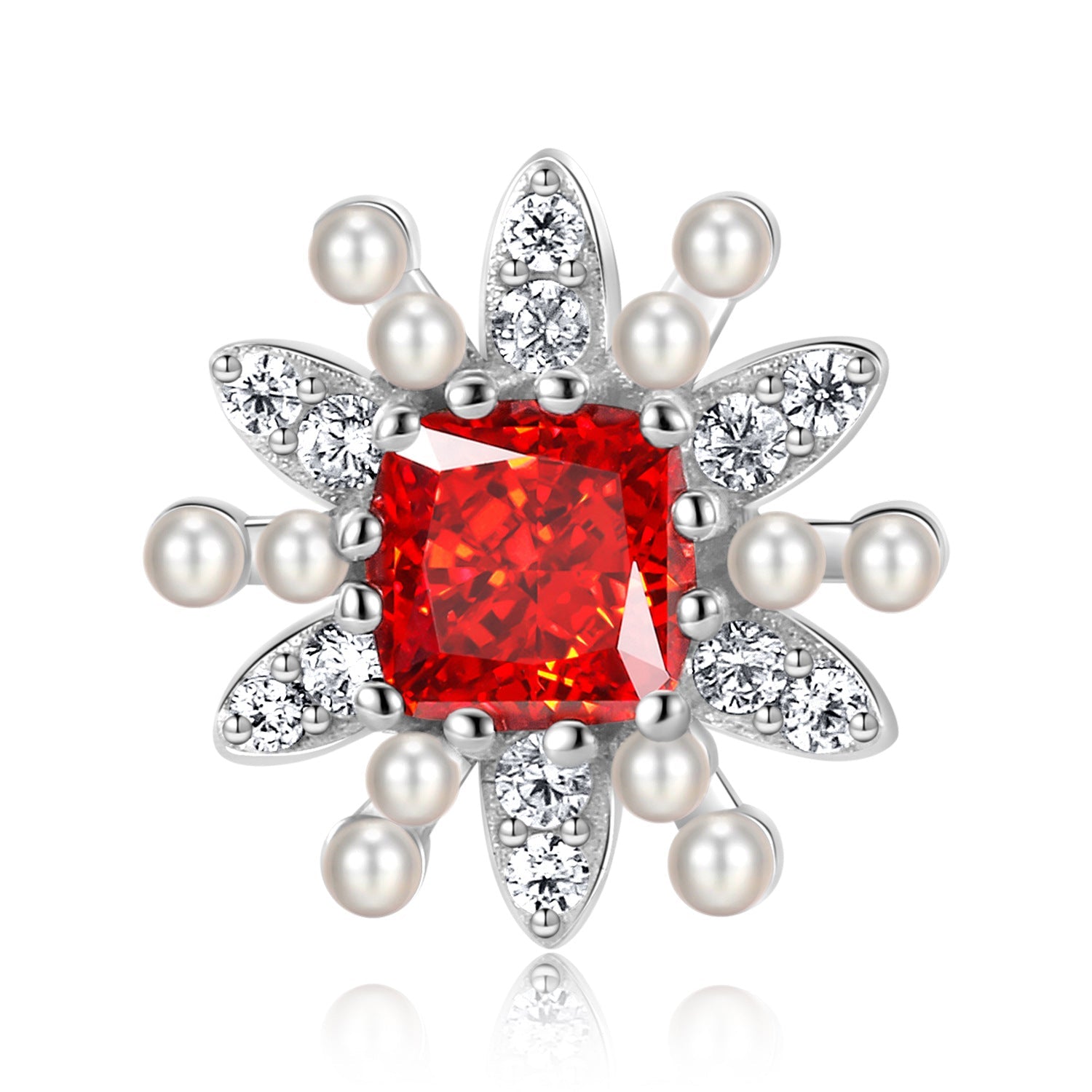 Sparkling Star Pendant Red Square Zircon and Pearl Silver Necklace