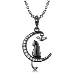 Zircon Crescent Moon with Cat and Bat Silver Necklace