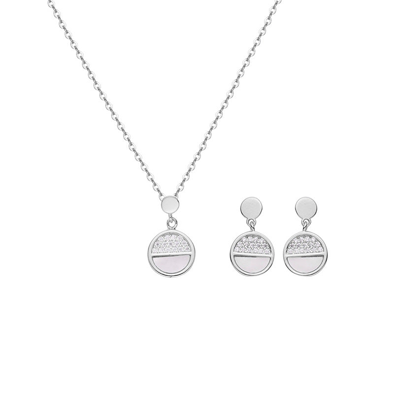 Round Disc Zircon Silver Necklace Earrings Set