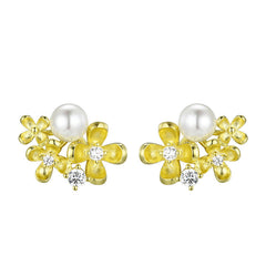 Laurel Flower Pearl Sterling Silver Stud Earrings