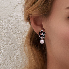 Zircon Petal Black Camellia with Pearl Silver Drop Earrings for Women