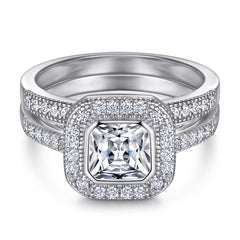 Princess Cut Zircon Soleste Halo with Half Eternity Silver Ring Set