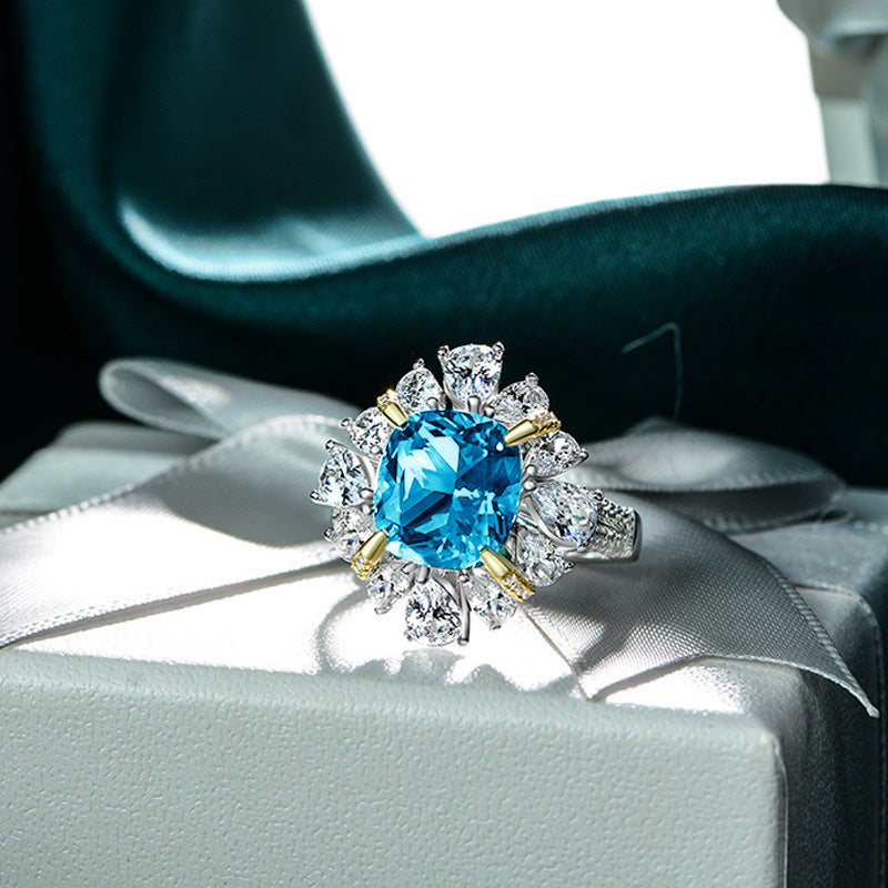Petals Halo Square Blue Zircon Ring