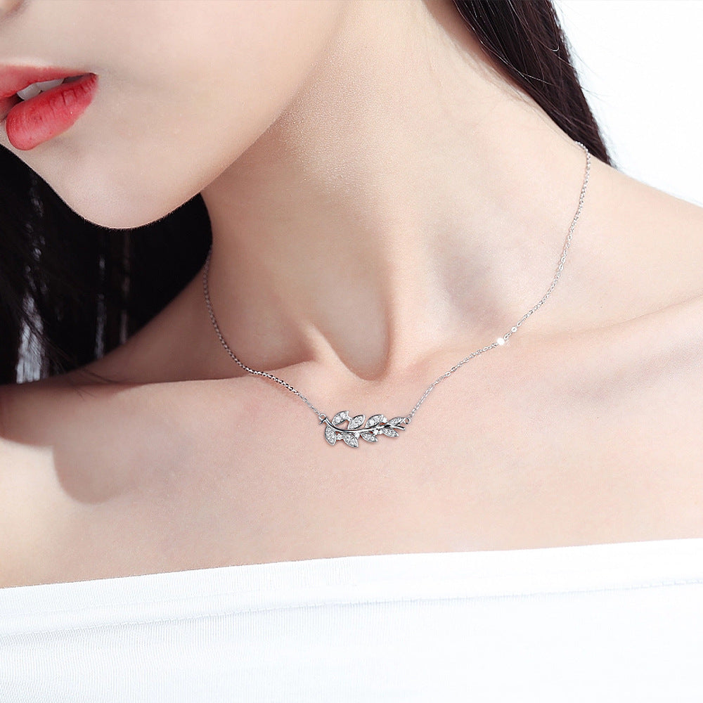 Zircon Wheat Ear Leaf Pendant Silver Necklace for Women