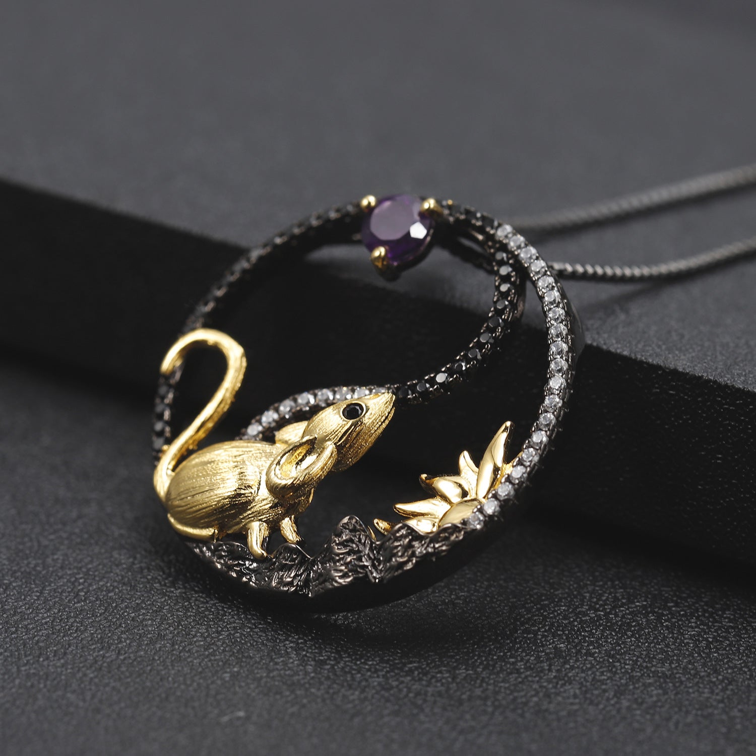 Chinese Style Element Design Zodiac Series Rat Natural Gemstone Pendant Silver Necklace for Women