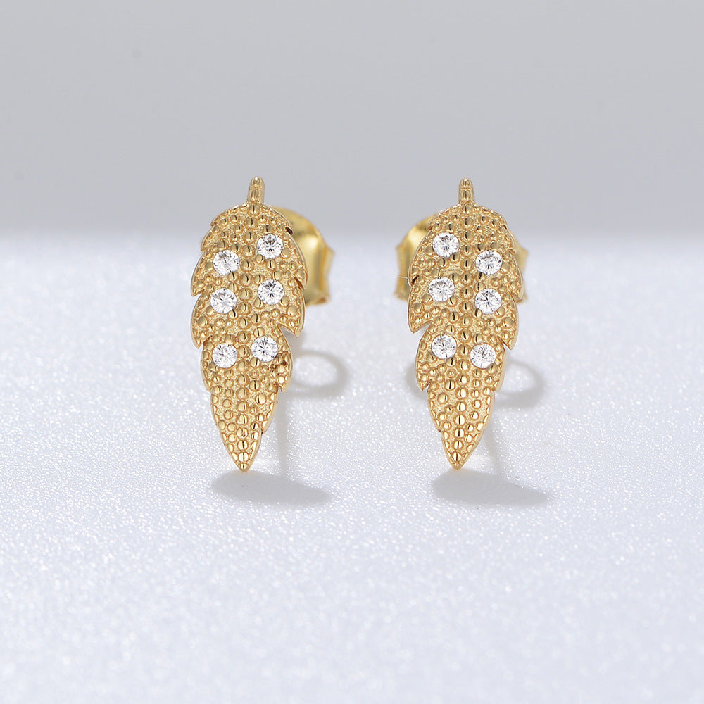 Leaf with Zircon Silver Studs Earrings for Women