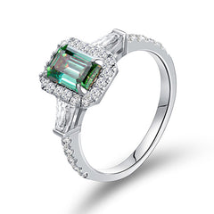 Stylish Soleste Halo 1.0 Carat Emerald Cut Green Moissanite Silver Ring