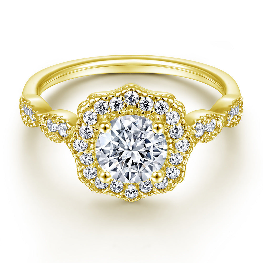 Round Zircon Flower Soleste Halo Retro Pattern Silver Ring Set