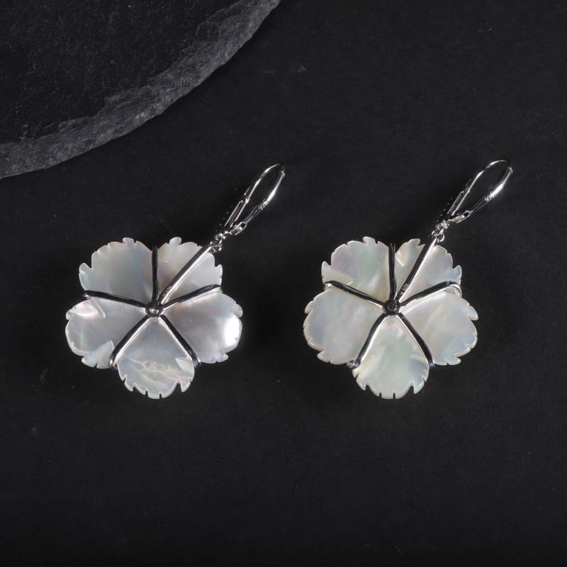 Natural Topaz with Shell Material Flower Silver Earrings for Women