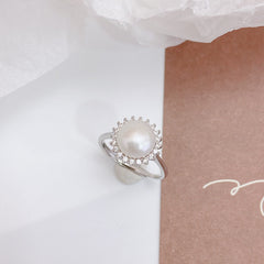 Natural Pearl Sun Soleste Halo Silver Ring for Women