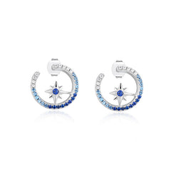 Blue Zircon Octagonal Star Opposite Direction C-shape Silver Studs Earrings for Women