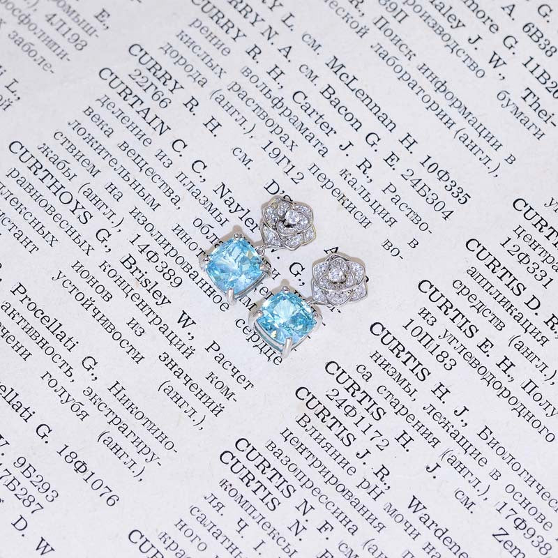 Square Sea Blue Zircon Camellia Drop Earrings