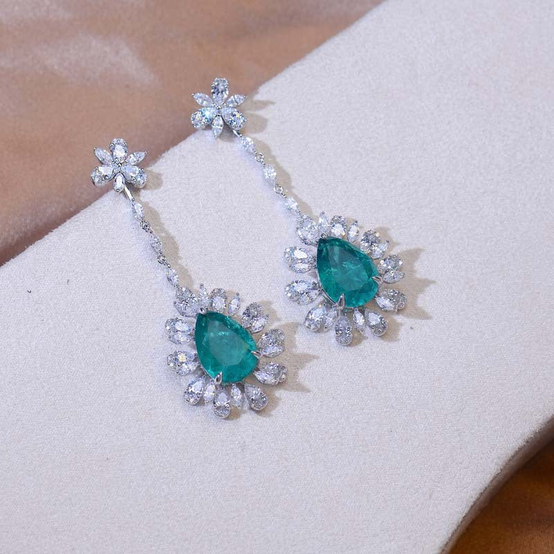 Lab-Created Emerald 10*14mm Water Drop Ice Cut Annular Petals Silver Drop Earrings for Women