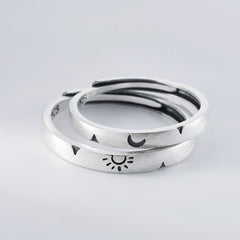 Sun Moon Pattern Brushed Finish Silver Couple Ring