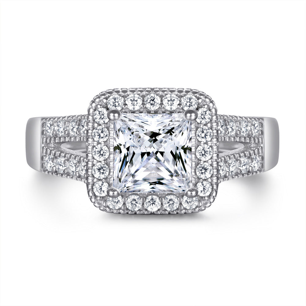 Princess Cut Zircon Soleste Halo with Modern Split Shank Silver Ring